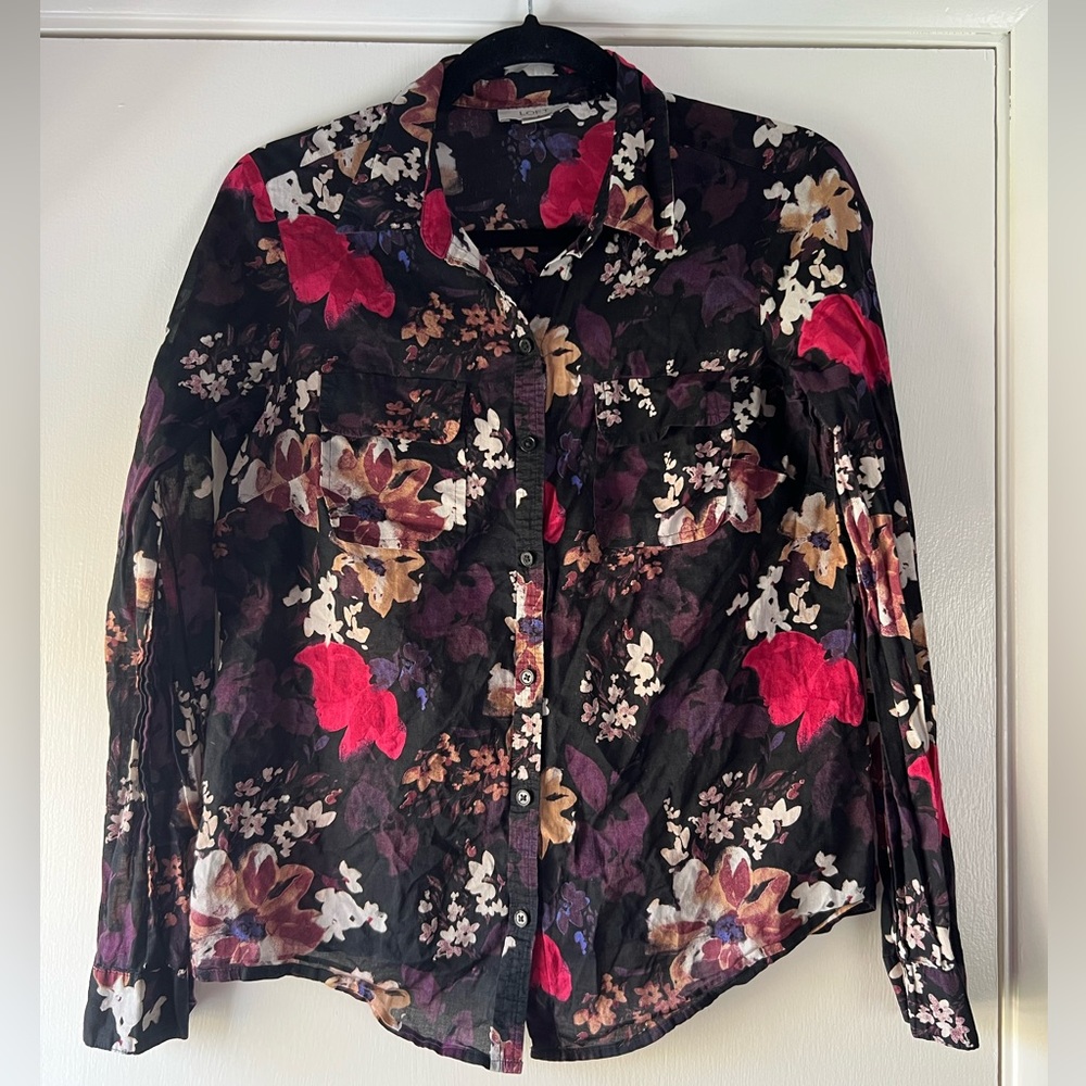 LOFT Bold Colorful Floral 100% Cotton Button Down Shirt Pink Purple Size XS
